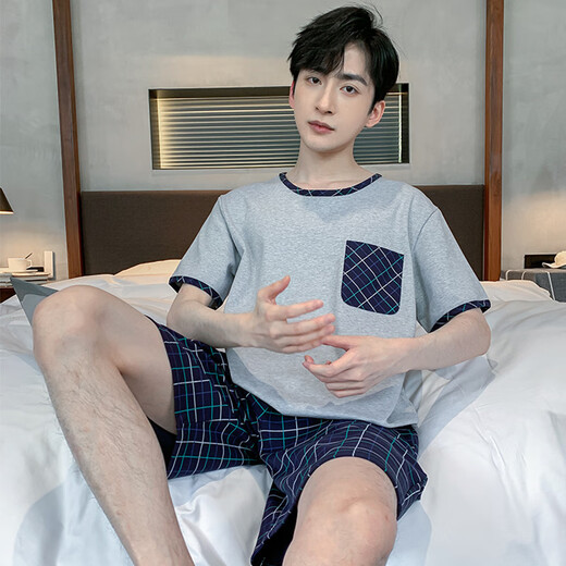 胖东来【商场同款】夏季男士短袖睡衣薄款棉质休闲加大码青少年家居服男宽松套装夏天 D9928 L 男