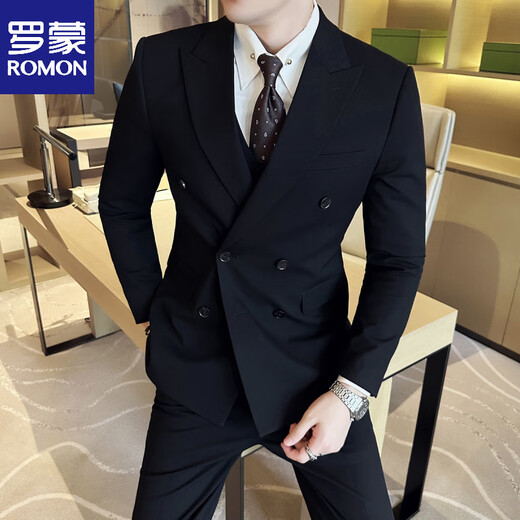 ROMON wide collar peak lapel suit business formal three-piece suit double slit wedding groom suit men's slim dark gray suit + vest + trousers two buttons L
