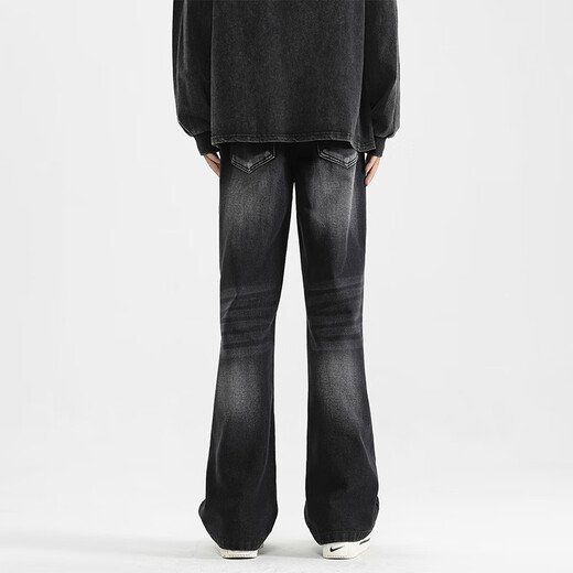 MONPOC American high street bootcut jeans men's spring, autumn and winter trendy casual straight long pants 908 black gray L