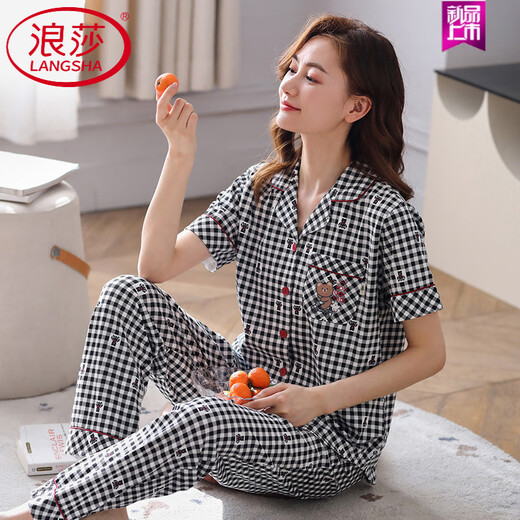浪莎（LangSha）睡衣夏季女士纯棉短袖长裤夏季红色格子中年妈妈大码家居服 FTX-9923 M -建议80-95斤