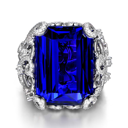 Fat Donglai's same style sapphire ring full of diamonds, large carat imitation tanzanite plated with 18K gold, hollow pattern, blue diamond ring, white gold, adjustable opening