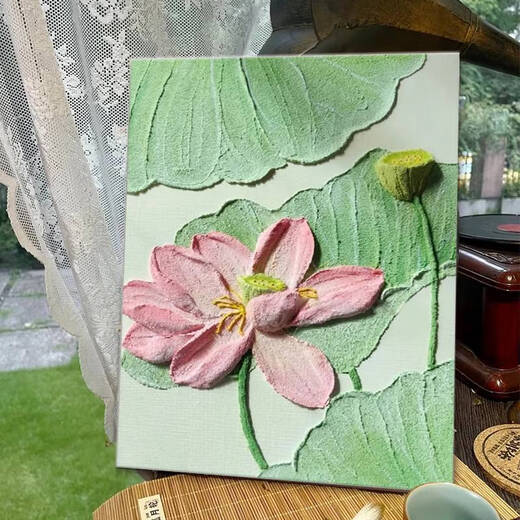 温诗欧风荷花肌理画石英砂手工绘全套材料中式装饰画数字油画 qx12625肌理画送全套材料 30*40cm加厚实木内框