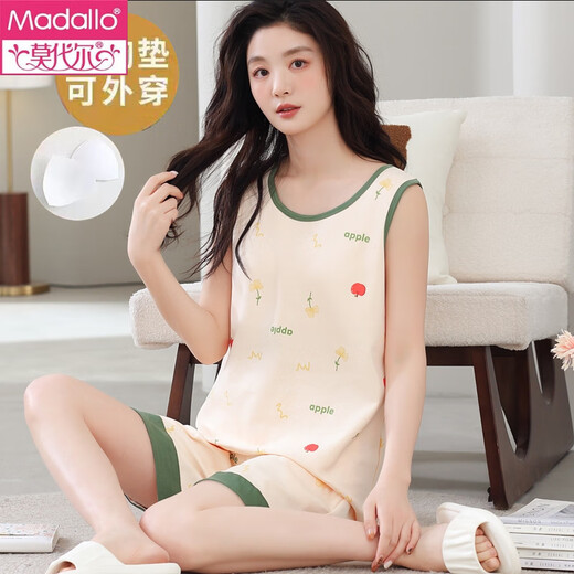 莫代尔带胸垫一体背心睡衣女夏舒适棉无袖大码家居服夏天薄款可外穿套装 背心套装【带胸垫】F9859 L 女 建议100-120斤