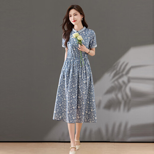 
Ehangy light luxury brand dress for women 2025 summer new short-sleeved floral temperament generous slim and fashionable shirt skirt blue gray XL