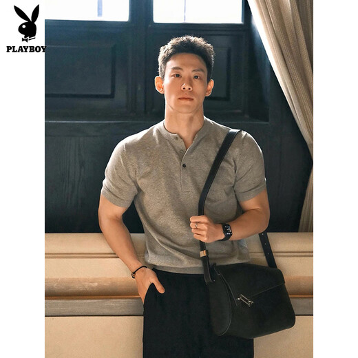 Playboy Grey Henry Neck Polo de manga corta Polos de verano Hombres Fitness Fitness Sports Camiseta American Muscle Amed manga (actualización] XL (adecuado) 150-170Jin [Jin equivale a 0.5 kg]