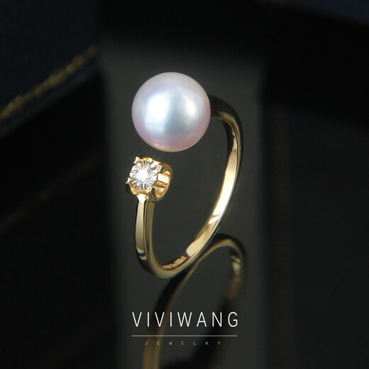 Yuansi VIVI Japanese Akoya seawater pearl ring diamond 18k gold thickened opening adjustable bull head gold model 9-11 ring 7-7.5mm