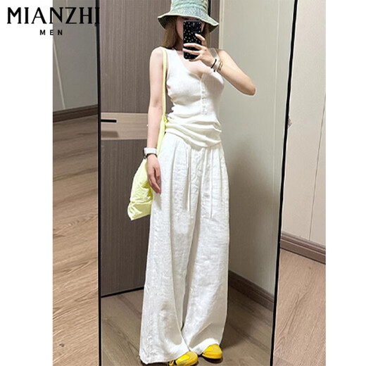Coton Ice Silk High Taise en coton Pantalon décontracté à jambes larges pour les femmes pour l'été mince 2025 Nouvelle slim lâche tombant petit 304 blanc [haute qualité 29,5] L 110-125Jin [Jin est égal à 0,5 kg]