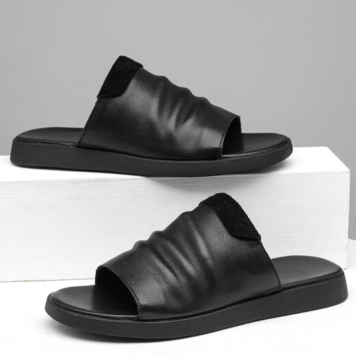 DIFANPU INTERNATIONAL LUXURY MANSA Men's Shoes High-End Men's Outer Wear Slippers Genuine Leather Outdoor Sandals sin deslizamiento SUGLADO SOLO FLIP-FLOPS NEGRO [Caja de regalo de marca] 41