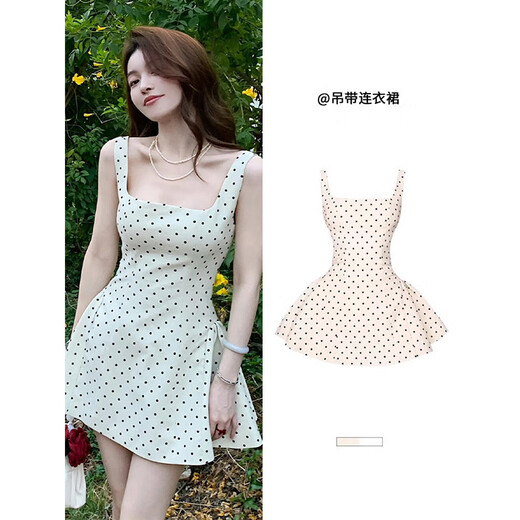 Ono Qitian white polka dot suspender dress for women spring and summer 2025 new style small waist slimming French square neck short skirt polka dot dress apricot bottom M