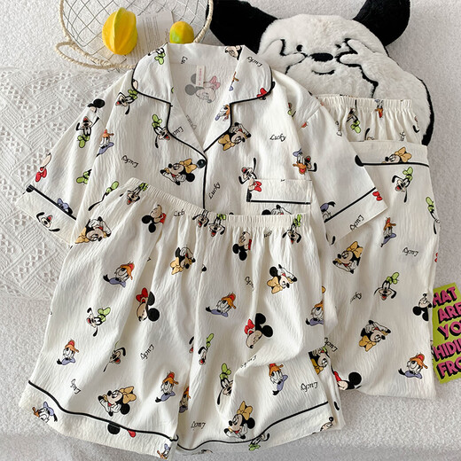 UKUHPK25 Sommer Frauen doppelte kurze Hosen dreiteiliger Pyjamas Cardigan Revers Creative Cartoon Cloud Cotton WZN-9901# Pink Border Mike M.