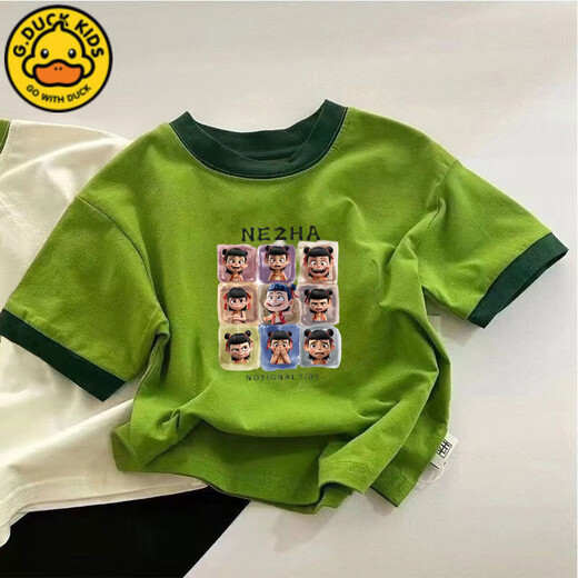 G.Duckkids Nezha Vêtements pour enfants Vêtements pour enfants Summer Coton Coton Pure Cartoon Children's Boys and Girls Sheeve New Round Neck Top T-shirt 673 Green [9 Grille Nezha] 110