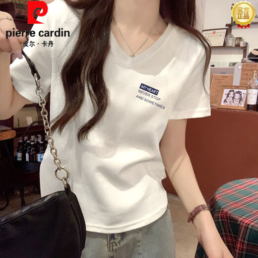 Pierre Cardin Camisa de base de cuello en V blanco Camiseta de algodón de algodón puro Camiseta de manga corta para mujeres Summer Pequeño collar de pollo Sume suelto suelto tapa de altura a media manga tostada en V kc693 White M
