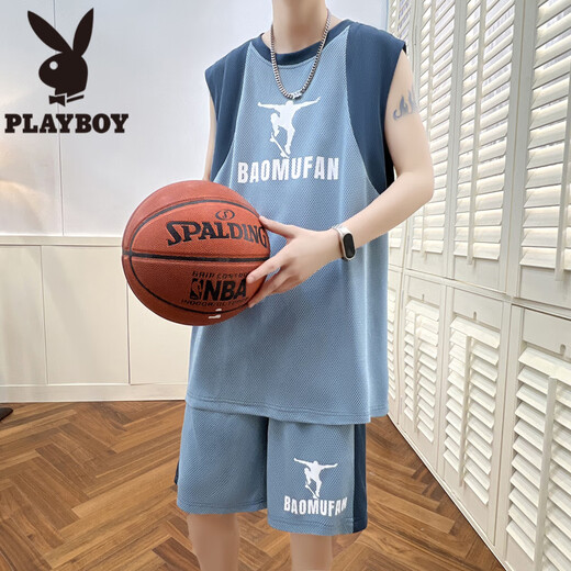 花花公子（PLAYBOY）冰丝无袖t恤男孩12-15岁青少年学生速干篮球服13大童背心运动套装 6636深灰(背心+短裤) 品质保证 2XL 140-160斤左右