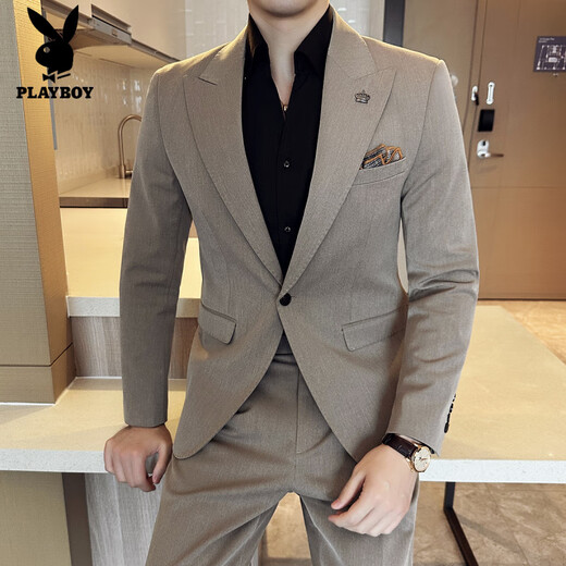 Playboy (PLAYBOY) lapel collar seven-color suit men's suit high-end business casual formal fit groom wedding suit three-piece light brown single-piece suit S (80-95Jin Jin equals 0.5 kg)