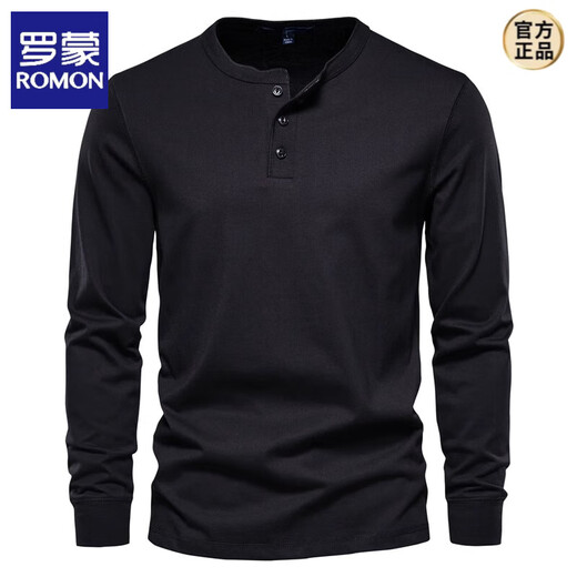 ROMON long-sleeved t-shirt for men, pure cotton, heavyweight army green henley shirt, American spring and autumn round neck open-neck top, royal blue M (weight 130-145Jin Jin equals 0.5kg)