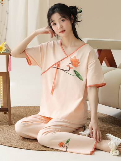 
True high-end light luxury pajamas for women, can wear summer ladies short-sleeved pajamas set for new Chinese style thin cotton home LZY9905 XL code (recommended 115-130Jin [Jin equals 0.5 kg]) All code
