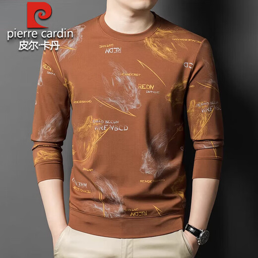 Pierre Cardin high-end pure cotton long-sleeved T-shirt men's floral sweatshirt young and middle-aged slim round neck pullover jacquard European and Korean version men's fashion 6616 red brown XL 175 recommended 138-150Jin Jin equals 0.5 kg