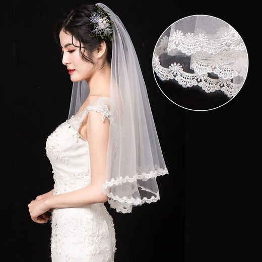 山头林村头纱领证珍珠头纱新娘主婚纱头饰超仙森系结婚盖头珍珠短款小道具 蕾丝花边1.4米左右