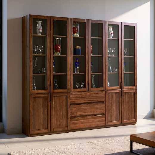 Yuanlin beam solid wood bookcase study room with glass door bookshelf wall storage rack walnut storage cabinet new Chinese display cabinet 120-33-200cm walnut bookcase