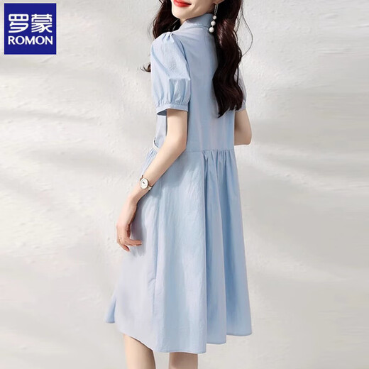 Romon French temperament dress for women 2025 new small person age-reducing simple waist-hugging and slimming casual high-end shirt skirt Blue M [100-110Jin[Jin equals 0.5 kg]]