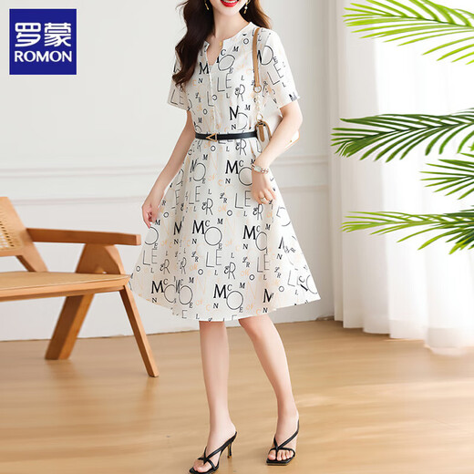 ROMON high-end dress summer 2025 new small person with fashionable temperament waist-hugging and slimming fashionable printed chiffon skirt color 2XL recommended 130-140Jin [Jin equals 0.5 kg]