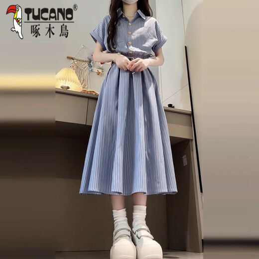 啄木鸟2025新款韩系学院风蓝色短袖衬衫连衣裙子女夏季气质收腰长裙 蓝色送腰带独特漂亮约会穿搭/今 S 40/45kg
