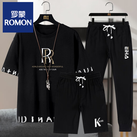 罗蒙短袖套装男夏季新款两件套t恤运动休闲帅气短裤潮流衣服学生 杏灰色RR(三件套） 6630 M 建议90-100斤
