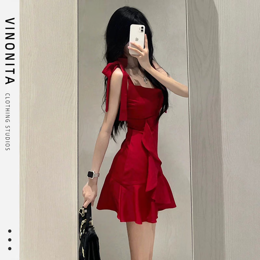 
Qu Chen red dress skirt dress pure toast dress sexy dress summer dress suspender skirt red high-end retro short skirt M [Suggested 90-105 Jin [Jin equals 0.5 kg]]