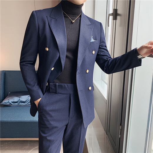 Jason's casual suit men's slim British double-breasted suit suit men's business professional formal groom's wedding dress blue (suit + pants) XL