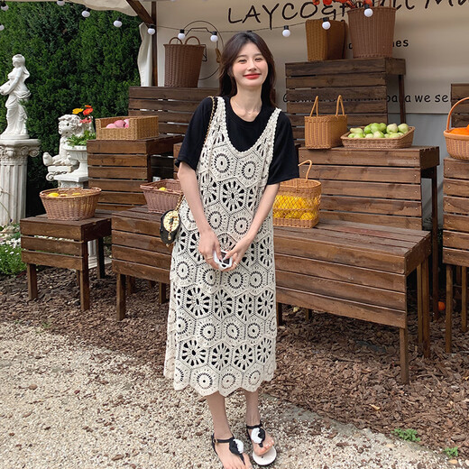 拉夏贝尔（La Chapelle）法式镂空针织吊带连衣裙套装女2025夏季新款感复古气质两件套 套装 L 【126斤-140斤】