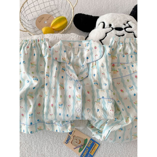 Modal three-piece set of cherry bear pajamas for women in summer short-sleeved cute cartoon loose cloud cotton summer home clothing set JS-9902# Star KT cat Three-piece set-cloud cotton M code 155-162 Weight 100 Jin [Jin equals 0.5 kg]