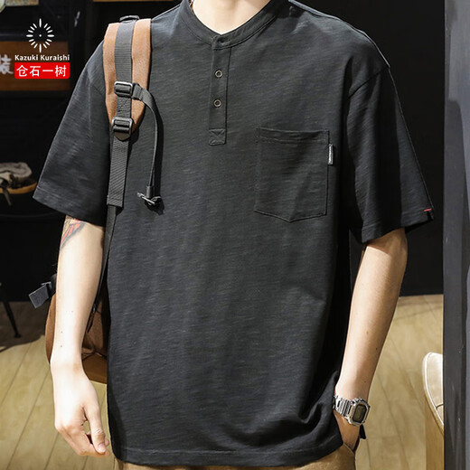 Kazuki Kuraishi Trendy Brand hübsches Polo-Shirt Herren 2025 Sommer Solid Color Retro Henry Casual halbärmelige Männer Top Black XL