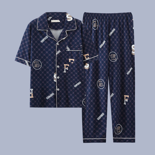 QLTQZQ Herren Pyjamas Herren kurzärmeliger Sommer Dünne Baumwolle Teenager Pyjamas Herren Plus Size Frühling und Sommerkleidung G3884 Blau (kurzärmelig) 175 l [Empfohlen 100-120 Jin [Jin gleich 0,5 kg]]