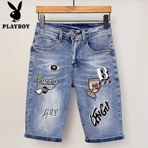 花花公子（PLAYBOY）欧洲站牛仔短裤男士夏季潮牌印花刺绣五分裤潮流修身休闲弹力中裤 浅蓝色CK9925款 28