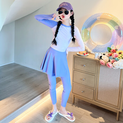 He Jiagong Girls' High-Looking Swimsuit 2025 New Children's Long-Sleeved Long Pants Swimwear Big Children's Girls Split Sun Protection Swimsuit Purple 120 cm