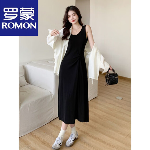 罗蒙（ROMON）小众简约夏装设计感遮肚衬衫防晒外套加背心裙两件套中长款连衣裙 米杏色衬衫+黑色裙子【两件套】 M 80-100斤