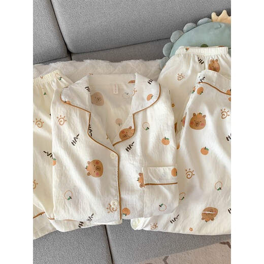 Arctic Velvet Kapibala-Pyjamas für Frauen im Sommer 2025 Neue reine Baumwollgaze niedliche Studenten Drei-teilige Heimkleidung Sommerwolke Cotton-J9901# Paradise Puppy Drei-teilige Set M [Vorschlag 75-100jin [Jin gleich 0,5 kg]]