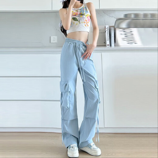 Blue American work pants for women in summer high waist wide legs draping loose straight tube quick-dry parachute quick-drying sports pants Ant-687 [Yellow] 2XL