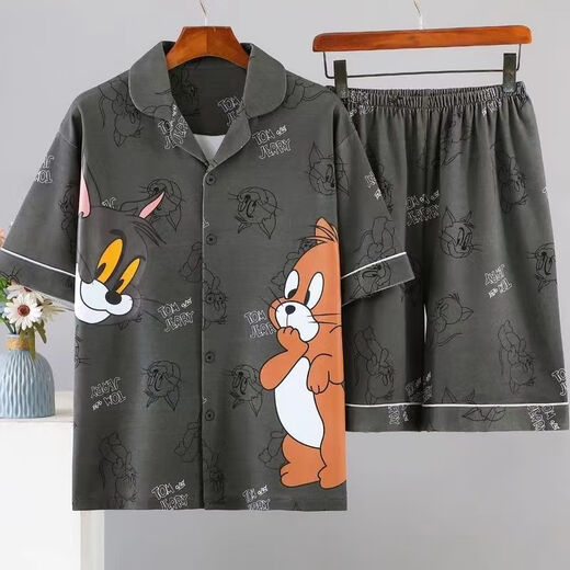 Mu Fengqing pajamas men's summer short-sleeved cartoon teenager junior high school student cardigan home clothes plus fat plus size men's pajamas 6624 short-sleeved suit M standard (high 165100Jin [Jin equals 0.5 kg])