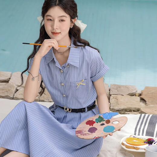 
[Give a belt] Literary and elegant blue dress for women 2025 new summer slim dress D1390 Blue S [100Jin [Jin equals 0.5 kg] below]