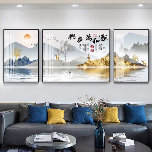 BEYZK客厅装饰画沙发背景墙挂画现代中式晶瓷三联壁画餐厅轻奢画背景画 SL-9901福鹿平安 左右35X50+中间70x50建议2米左