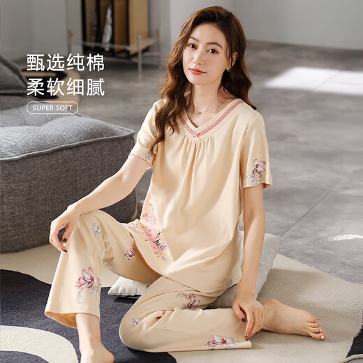 爱慕玫贵睡衣女款2025新款夏季纯棉短袖长裤女士夏款中老年妈妈家居服套装 主图款：LWN-QL9934 M 【柔软亲肤，舒适纯棉】