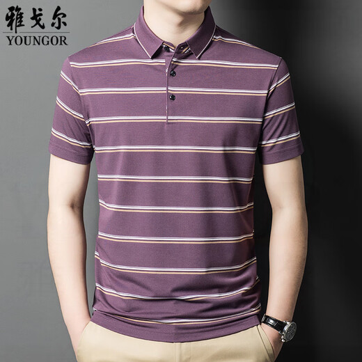 CEO Yageol Mulberry Silk Kurzarm T-Shirt für Männer 2025 Sommer neu gestreiftes Lappel mittlerer Alters-Outfit Polo-Hemd für Männer 826 Green M 165 [Vorgeschlagen 100-125jin [Jin gleich 0,5 kg]]