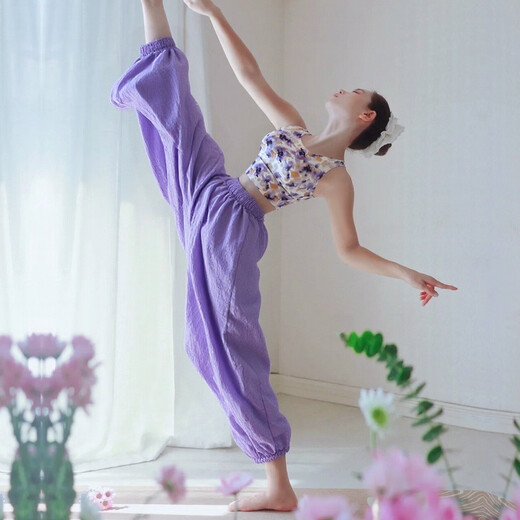 Double Show 2025 New Yoga Pants Women's Beautiful Loose Healing Zen Pilates Training Fitness Cotton Linen Wide Leg Bloomers Smudged Purple Top + Purple Pants Set L 110-120