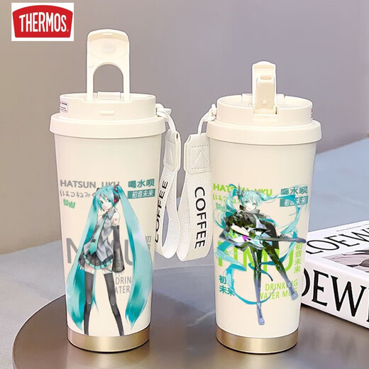 膳魔师（THERMOS）初音未来保温杯学生上学专用不锈钢便携咖啡杯保冷吸管水杯高颜值 白色-BXAB1365初音未来+配挂绳 陶瓷内胆