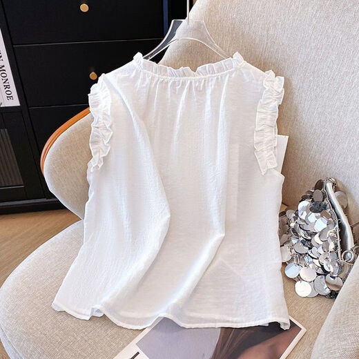 Woodpecker (Tucano) Koreaner schwarzes Ohrhemd für Frauen 2025 Sommer Neues Design lässt es schlank aussehen und bedeckt das Belly Doll Hemd Top Trendy White-1080-Mischeless M Empfohlen 90-105jin [Jin gleich 0,5 kg]