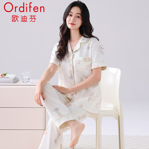 欧迪芬（Ordifen）女士睡衣女夏季100%纯棉短袖长裤家居服女舒适可外穿翻领休闲套装