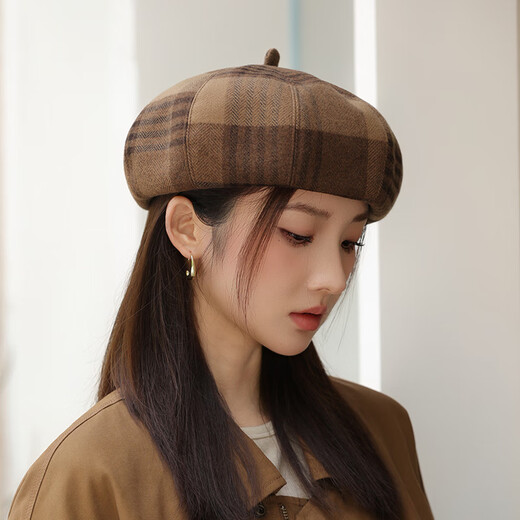 British retro plaid beret hat for women in autumn and winter fashion versatile painter's hat showing face small octagonal hat temperament trendy khaki