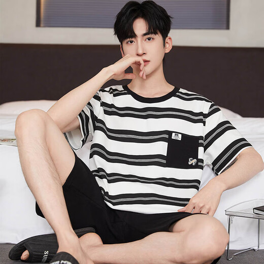 COLORFUL GEMS cotton pajamas men's summer short-sleeved 2025 new men's large-size home clothing set HDE9928 L men: