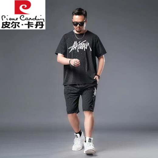 皮尔卡丹（pierre cardin）肥佬冰丝短袖t恤男加肥加大空调衫夏季宽松运动薄款凉感大码男装 黑色829套装 5XL 220-240斤